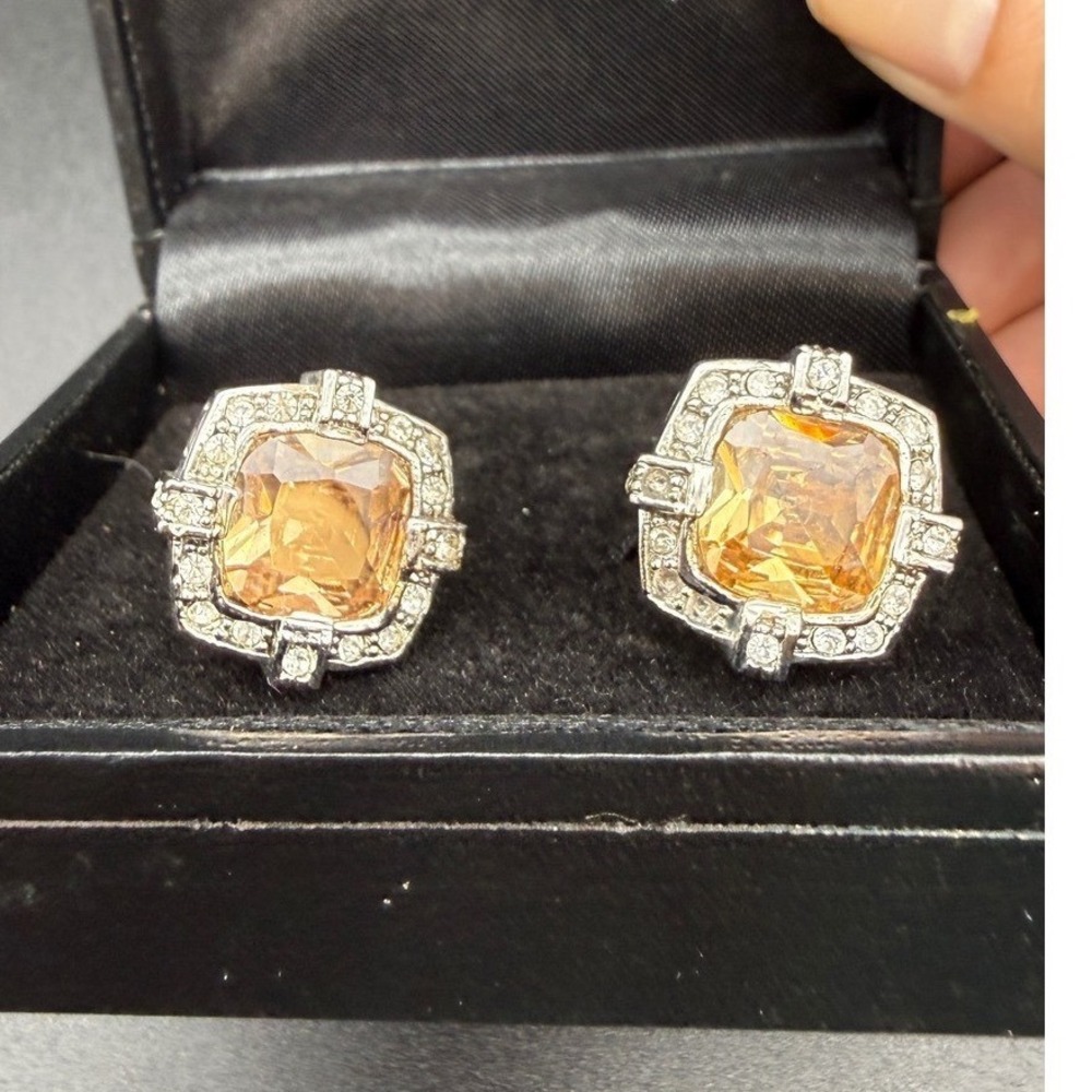 Angelino Men's Cufflinks Yellow Crystal Rhinestone Silver Tone Statement
